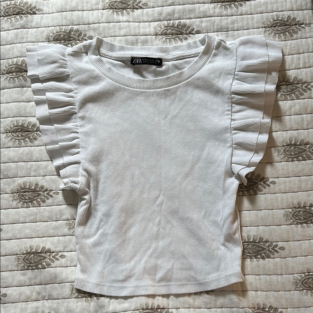 Zara White Short Sleeve Tee with Ruffle Detail